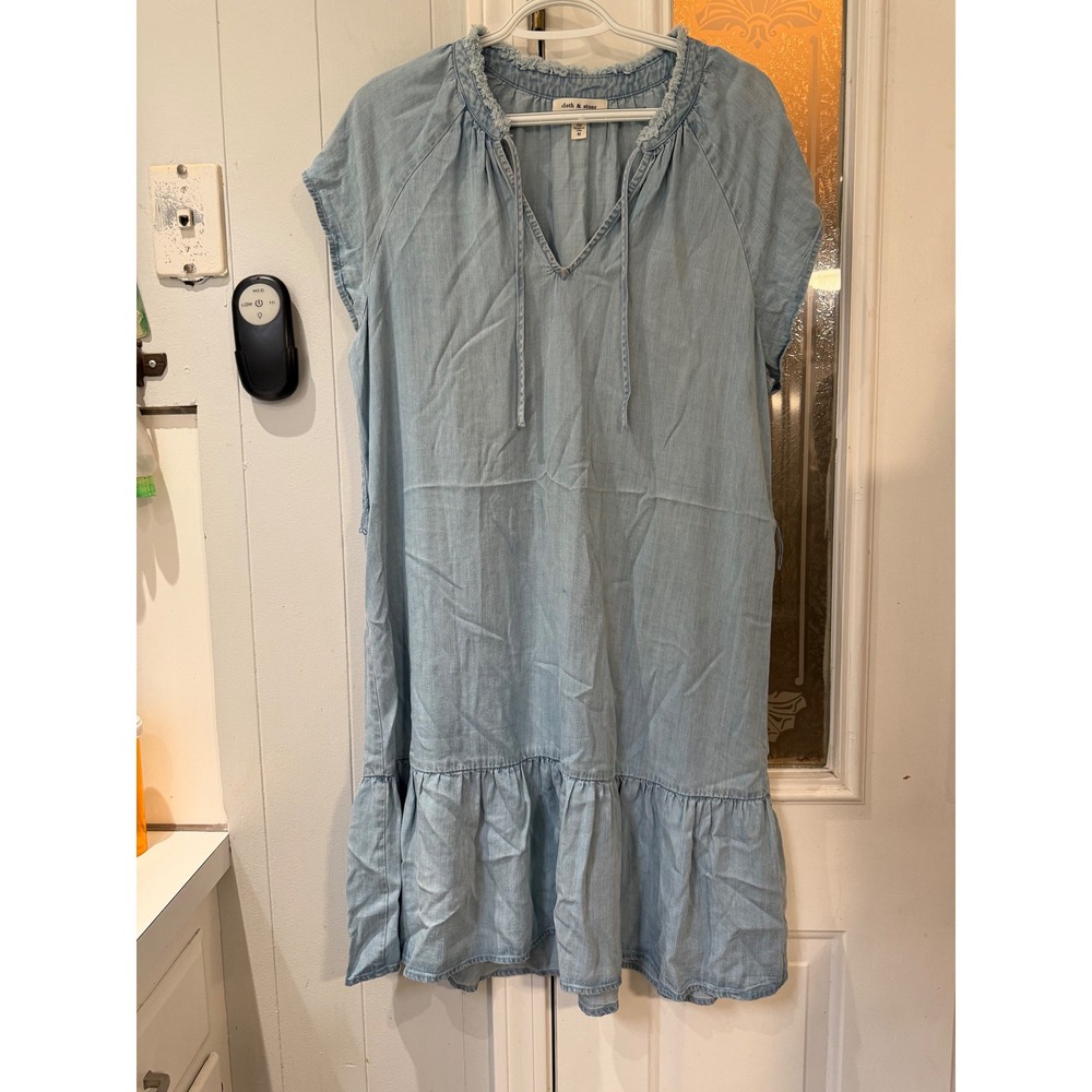 Cloth & Stone Anthropologie Blue Chambray Frayed Neck Ruffle Hem Dress Medium